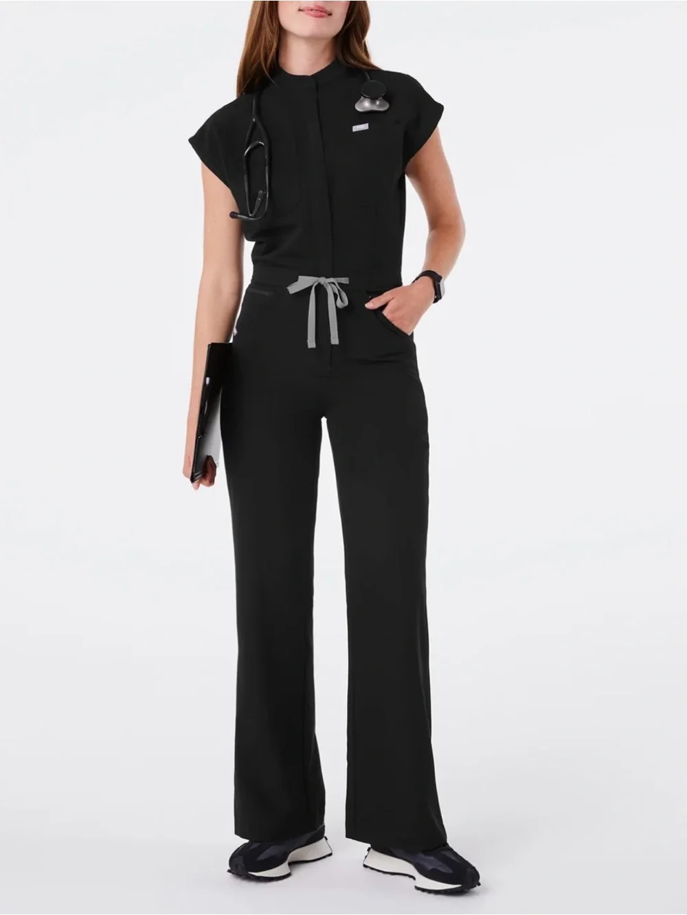 FIGS Rafaela Wide Leg ScrubJumpsuit | Size S Petite | Black | NWOT - Picture 1 of 11